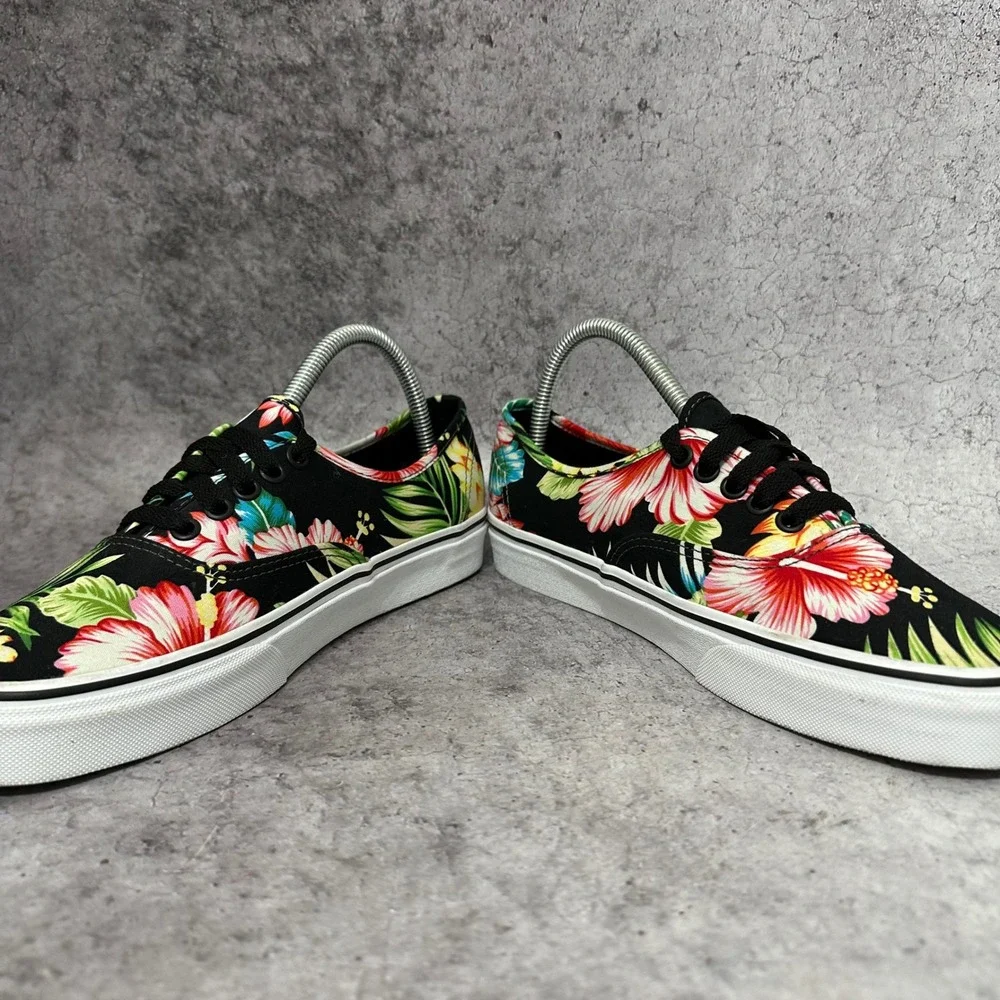 Vans Authentic Sneakers Womens 9 Black Hawaiian Floral Tropical Low Top Canvas